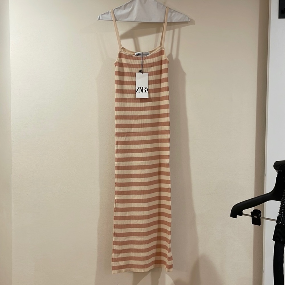 Zara S. striped and strappy dress. Tan and light pink. Perfect daydate
